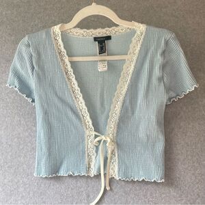 Vintage Forever 21 Y2K ribbed Cropped short sleeve Tie Front Lace Top sz S/M #XX